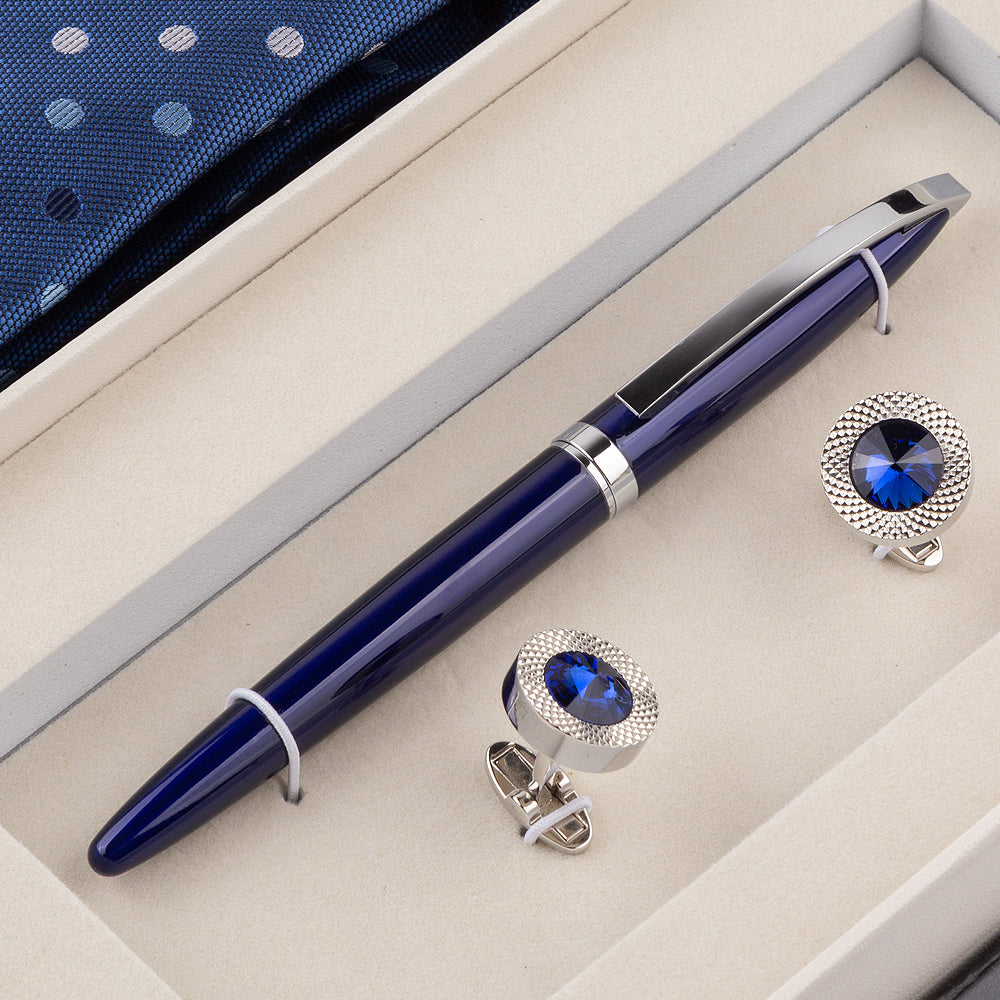YOGLORY Exquisite Blue Dot Necktie Cufflinks Metal Roller Ball Pen with Box Nice Gift for Men T102