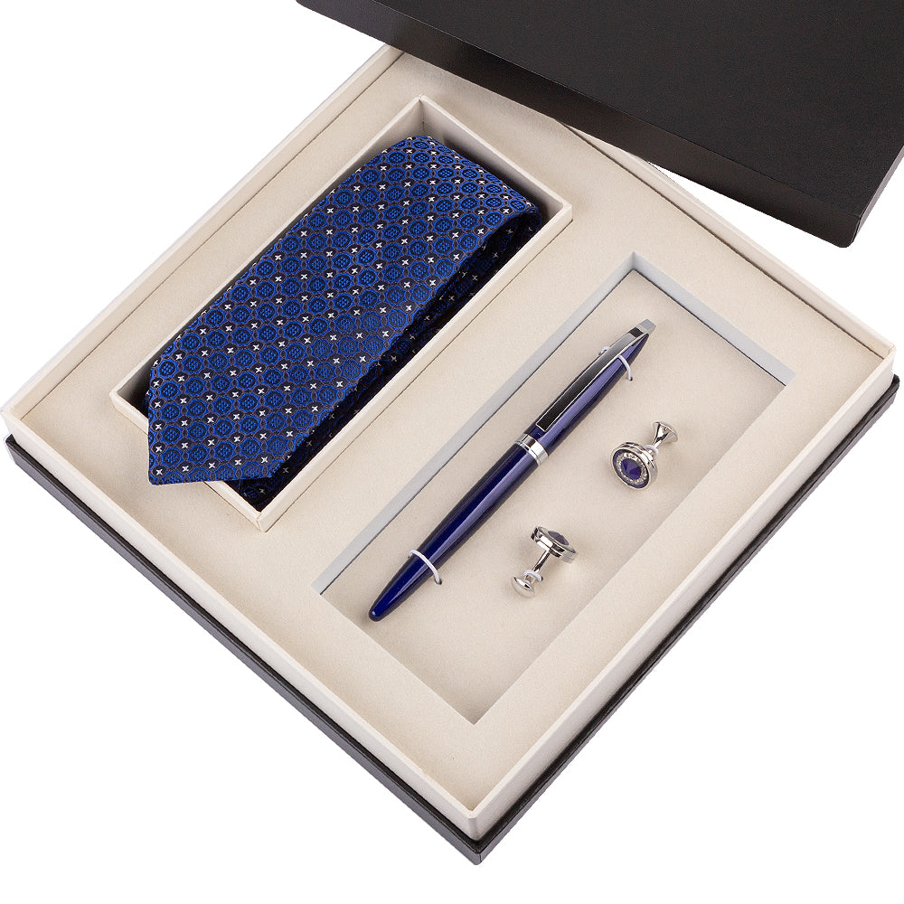 YOGLORY Exquisite Blue Dot Necktie Cufflinks Metal Roller Ball Pen with Box Nice Gift for Men T104