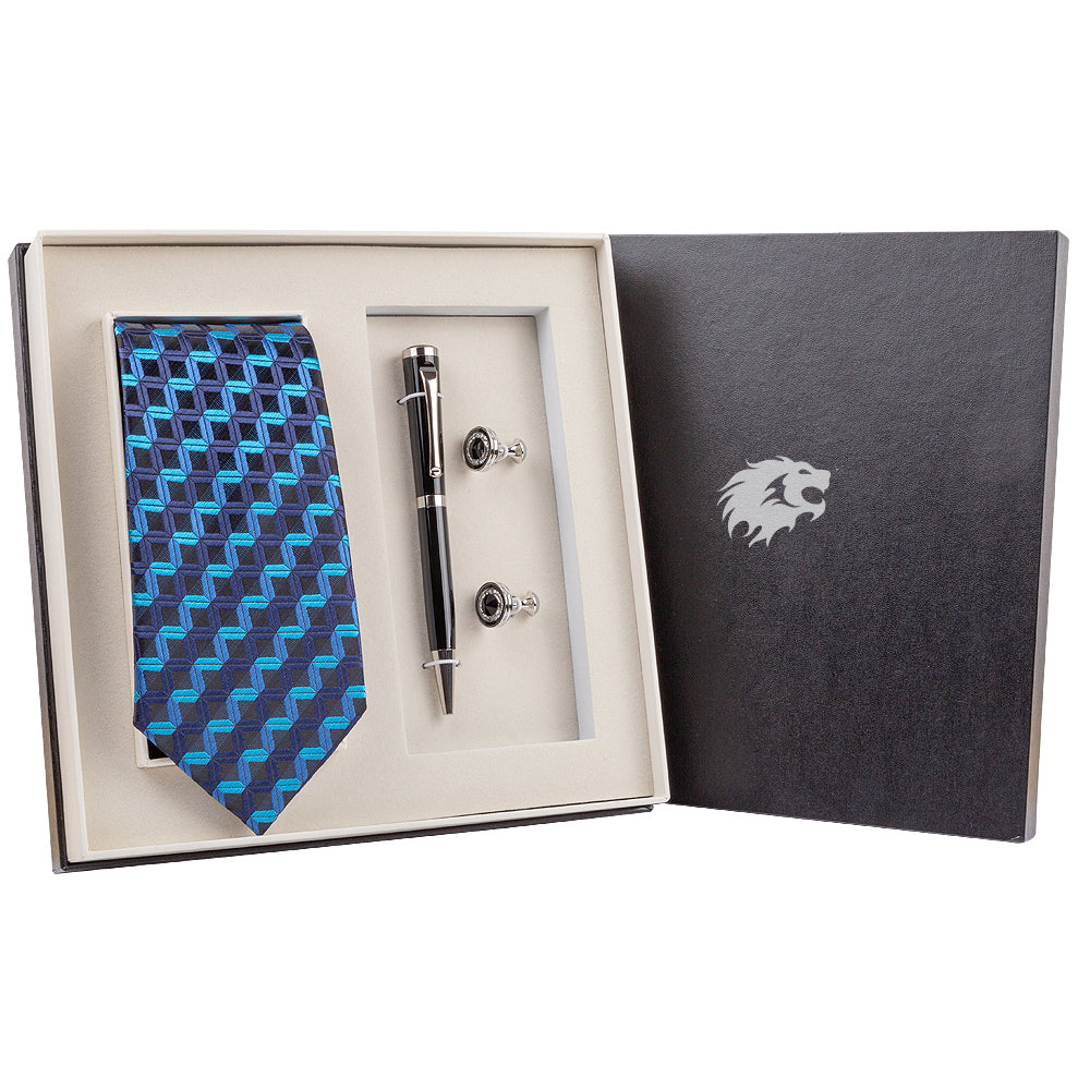 YOGLORY Exquisite Blue Wave Line Tie Cufflinks Metal Roller Ball Pen with Box Nice Gift for Men T111