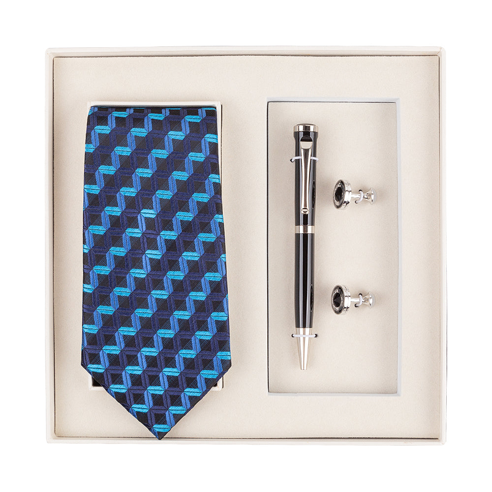 YOGLORY Exquisite Blue Wave Line Tie Cufflinks Metal Roller Ball Pen with Box Nice Gift for Men T111