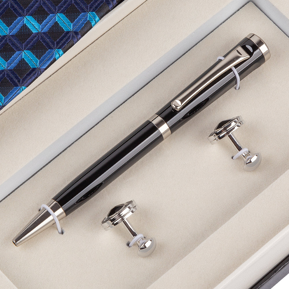 YOGLORY Exquisite Blue Wave Line Tie Cufflinks Metal Roller Ball Pen with Box Nice Gift for Men T111