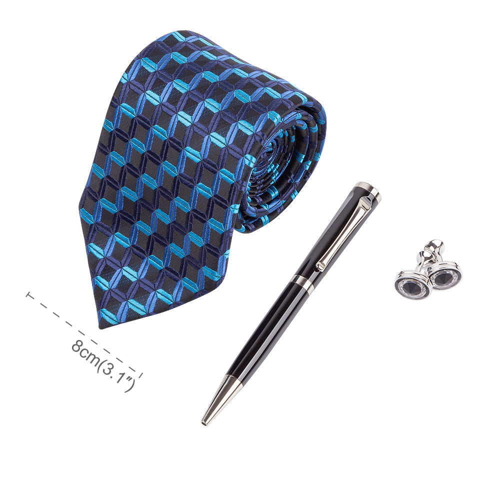 YOGLORY Exquisite Blue Wave Line Tie Cufflinks Metal Roller Ball Pen with Box Nice Gift for Men T111