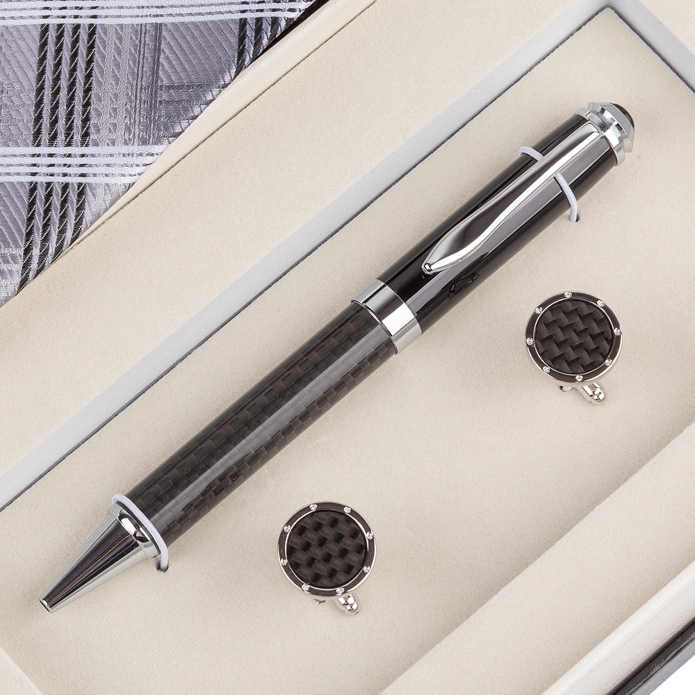 YOGLORY Exquisite Black Color Necktie Cufflinks Metal Roller Ball Pen with Box Nice Gift for Men T206
