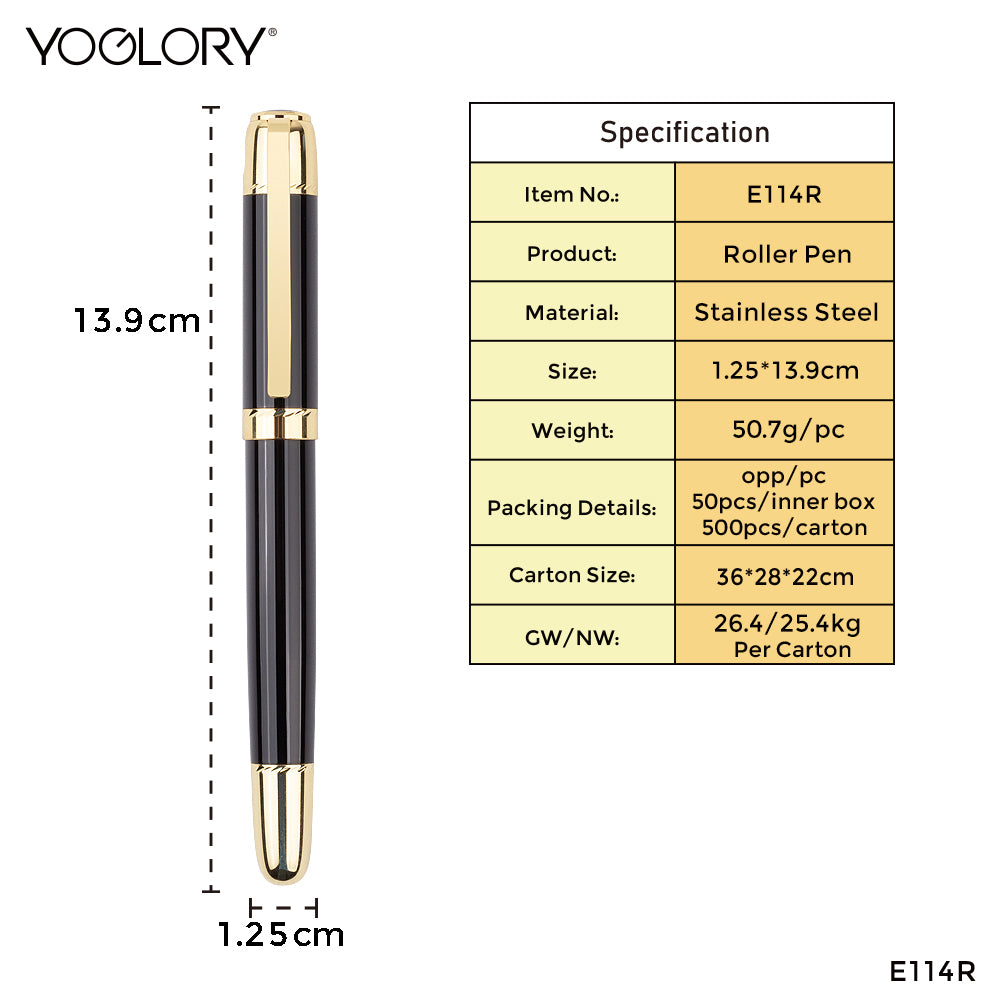 YOGLORY Classic Heavy Metal Roller Ball Pen with Customized LOGO with Golden parts VIP Gift for Customers E114