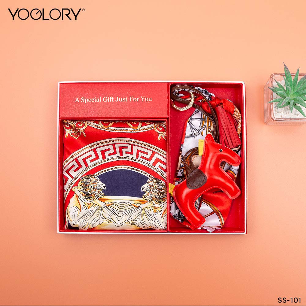 YOGLORY 100% Mulberry Silk Square Scarf with Diamond PU Horse Bag Charm in Box with Customized logo Nice Gift for Lady SS101