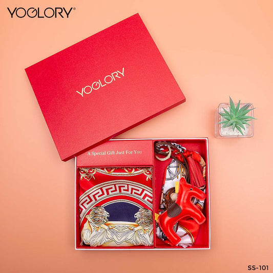 YOGLORY 100% Mulberry Silk Square Scarf with Diamond PU Horse Bag Charm in Box with Customized logo Nice Gift for Lady SS101