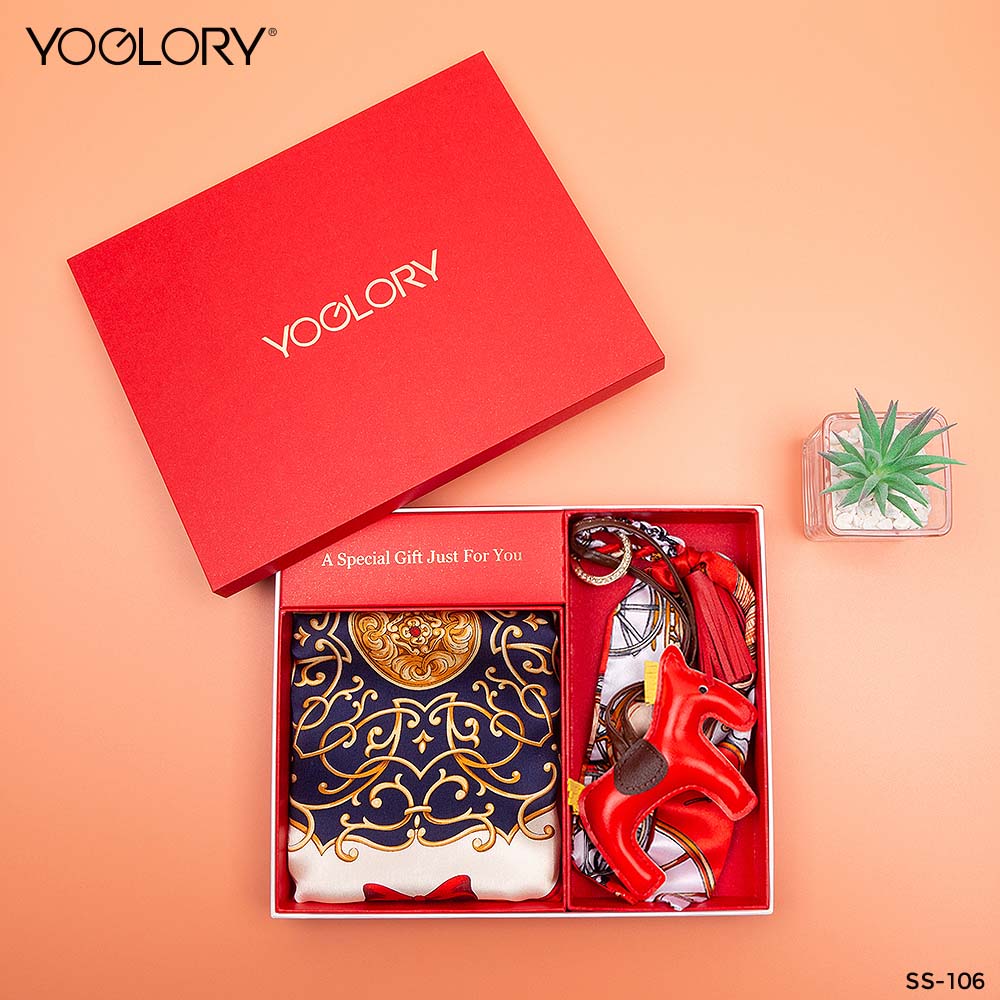 YOGLORY 100% Mulberry Silk Red Scarf with Diamond PU Horse Bag Charm in Box with Customized logo Nice Gift for Lady SS106