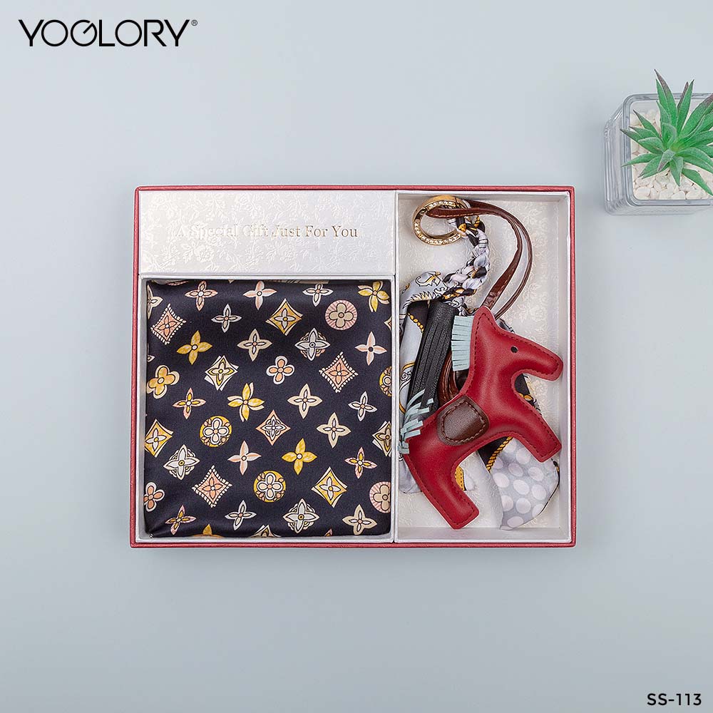 YOGLORY 100% Mulberry Silk Square Scarf with Diamond PU Horse Bag Charm in Box with Customized logo Nice Gift for Lady SS113