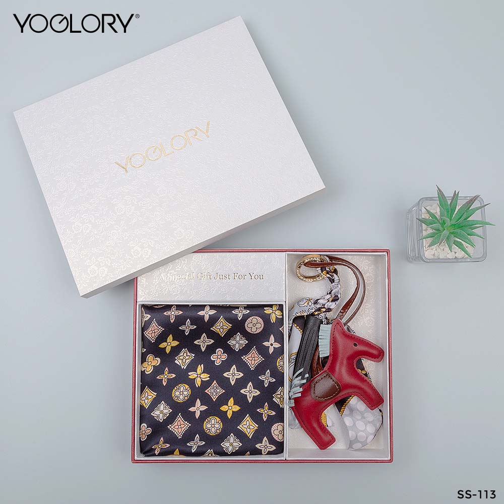 YOGLORY 100% Mulberry Silk Square Scarf with Diamond PU Horse Bag Charm in Box with Customized logo Nice Gift for Lady SS113