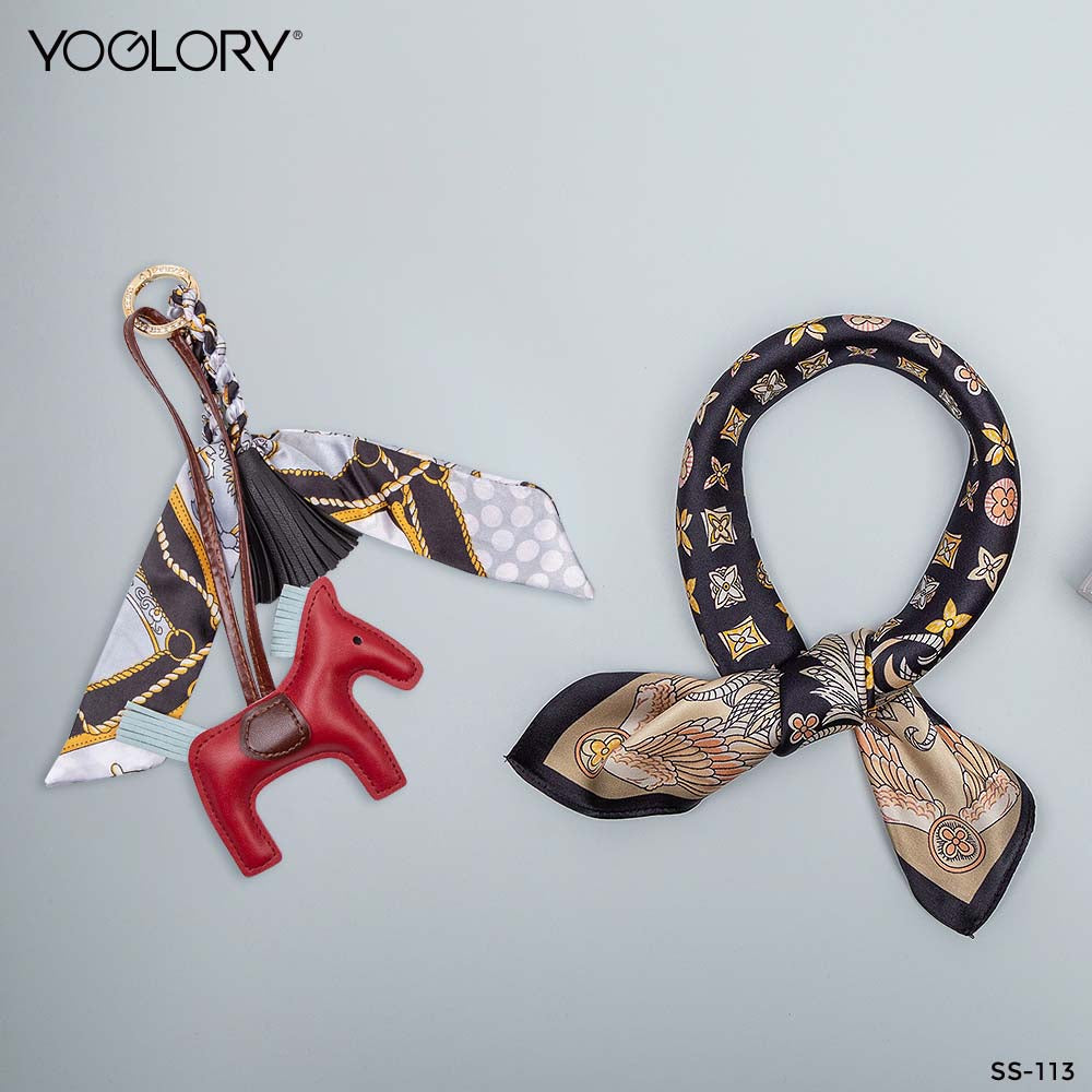 YOGLORY 100% Mulberry Silk Square Scarf with Diamond PU Horse Bag Charm in Box with Customized logo Nice Gift for Lady SS113