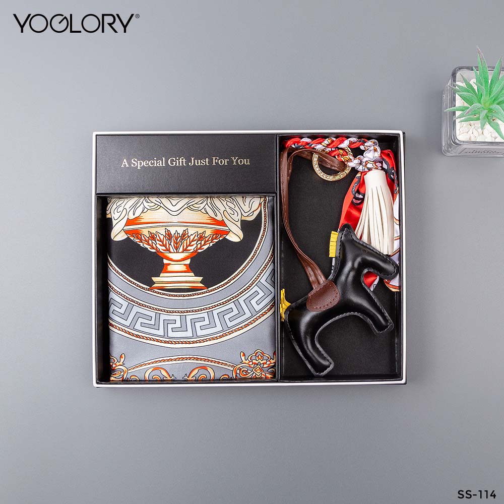 YOGLORY 100% Black Silk Square Scarf with Diamond PU Horse Bag Charm in Box with Customized logo Nice Gift for Lady SS114