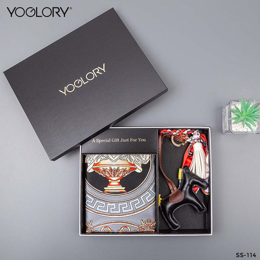 YOGLORY 100% Black Silk Square Scarf with Diamond PU Horse Bag Charm in Box with Customized logo Nice Gift for Lady SS114