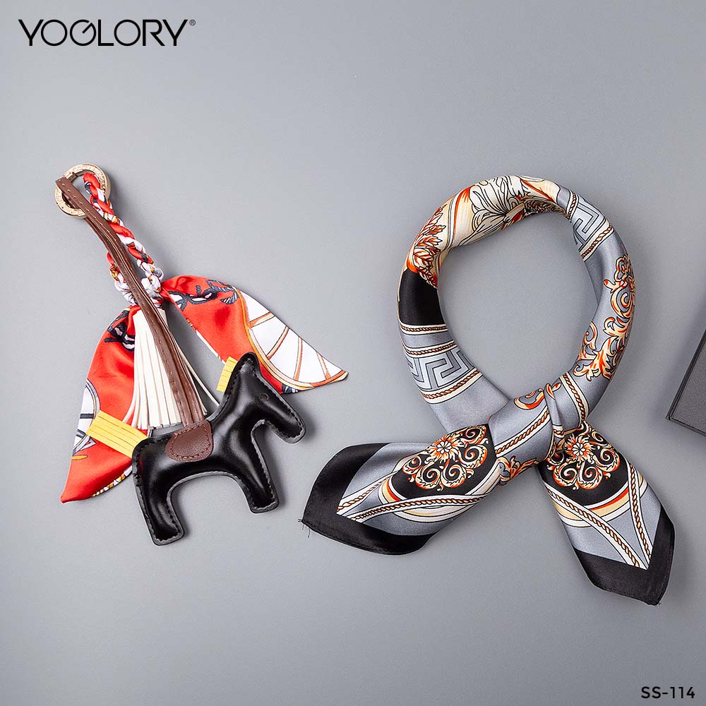 YOGLORY 100% Black Silk Square Scarf with Diamond PU Horse Bag Charm in Box with Customized logo Nice Gift for Lady SS114