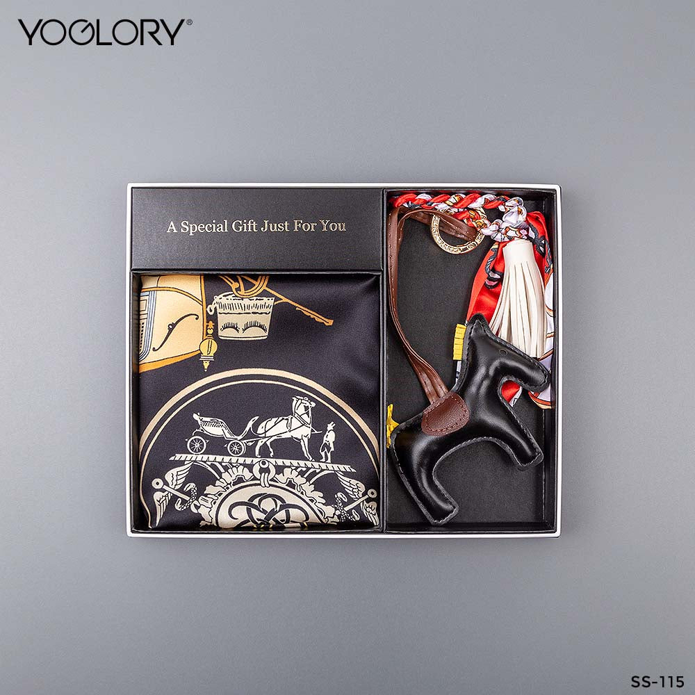 YOGLORY 100% Mulberry Black Silk Scarf with Diamond PU Horse Bag Charm in Box with Customized logo Nice Gift for Lady SS115