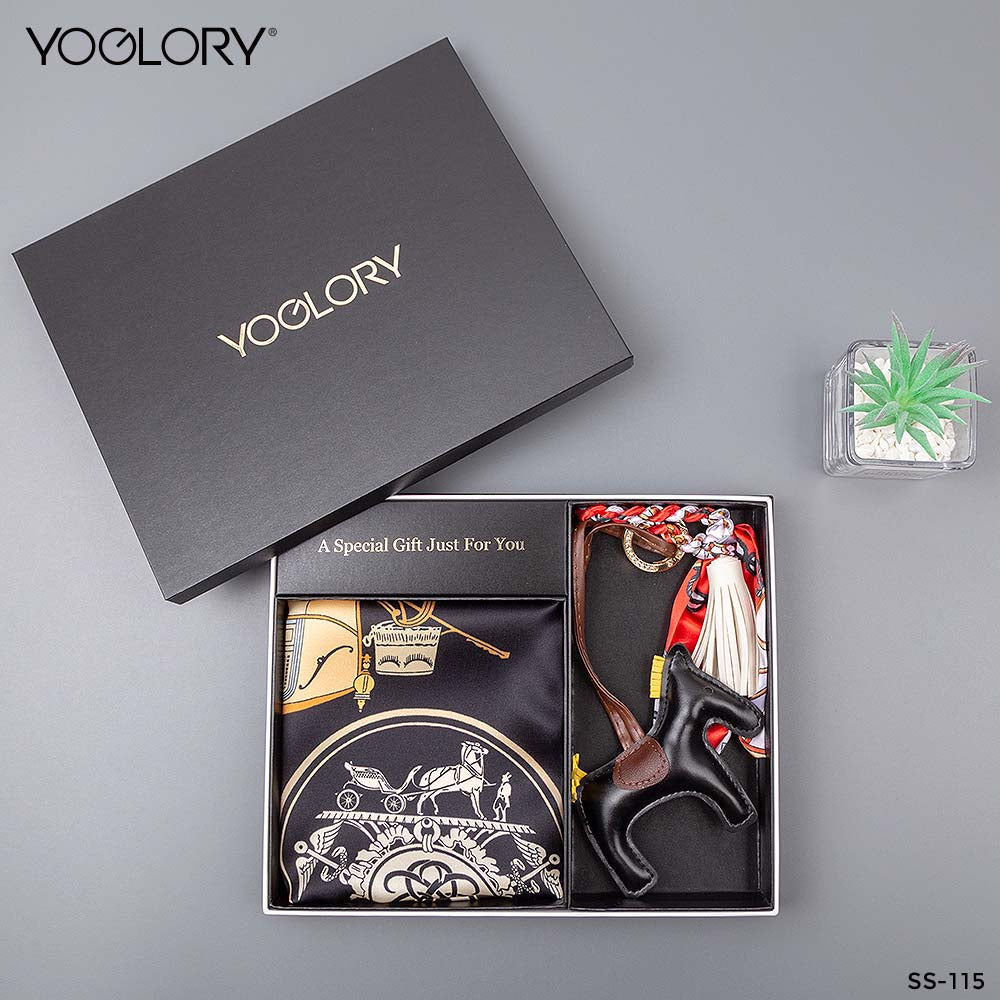 YOGLORY 100% Mulberry Black Silk Scarf with Diamond PU Horse Bag Charm in Box with Customized logo Nice Gift for Lady SS115