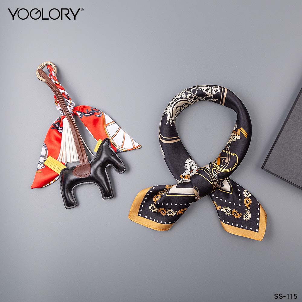 YOGLORY 100% Mulberry Black Silk Scarf with Diamond PU Horse Bag Charm in Box with Customized logo Nice Gift for Lady SS115