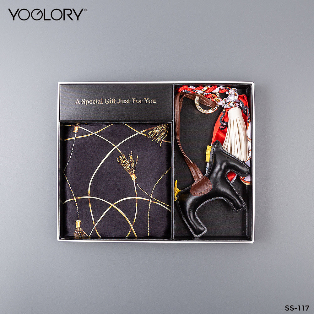 YOGLORY 100% Black Silk Scarf with Diamond PU Horse Bag Charm in Box with Customized logo Nice Gift for Lady SS117