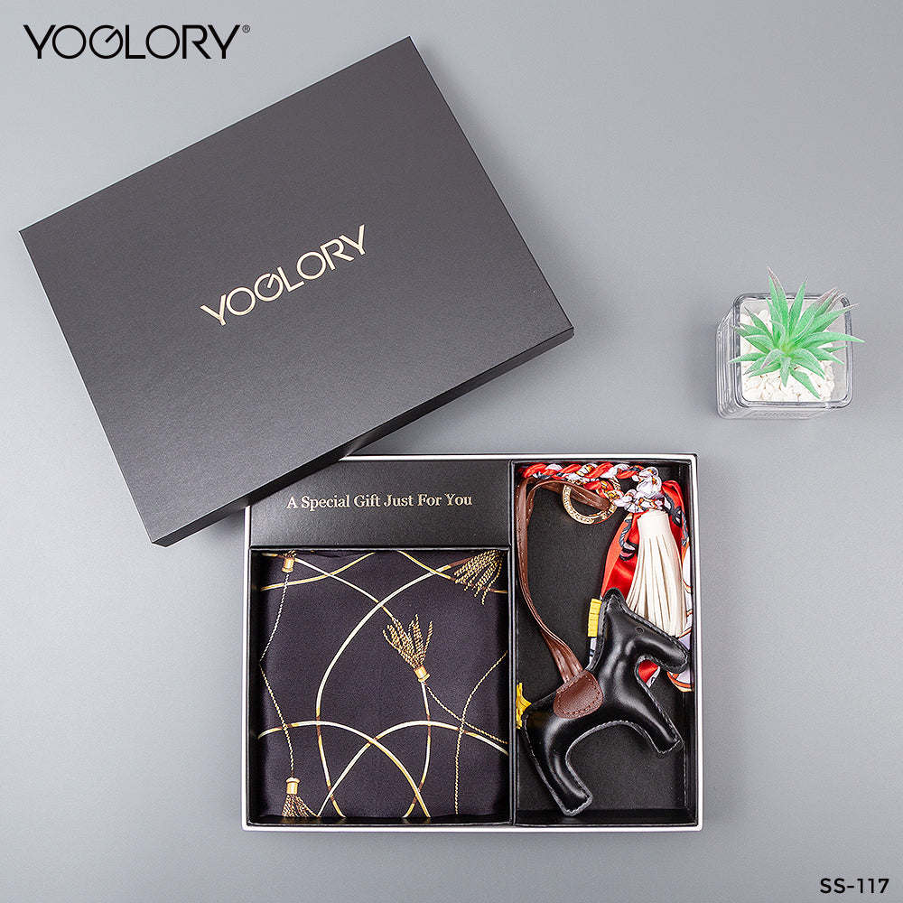 YOGLORY 100% Black Silk Scarf with Diamond PU Horse Bag Charm in Box with Customized logo Nice Gift for Lady SS117