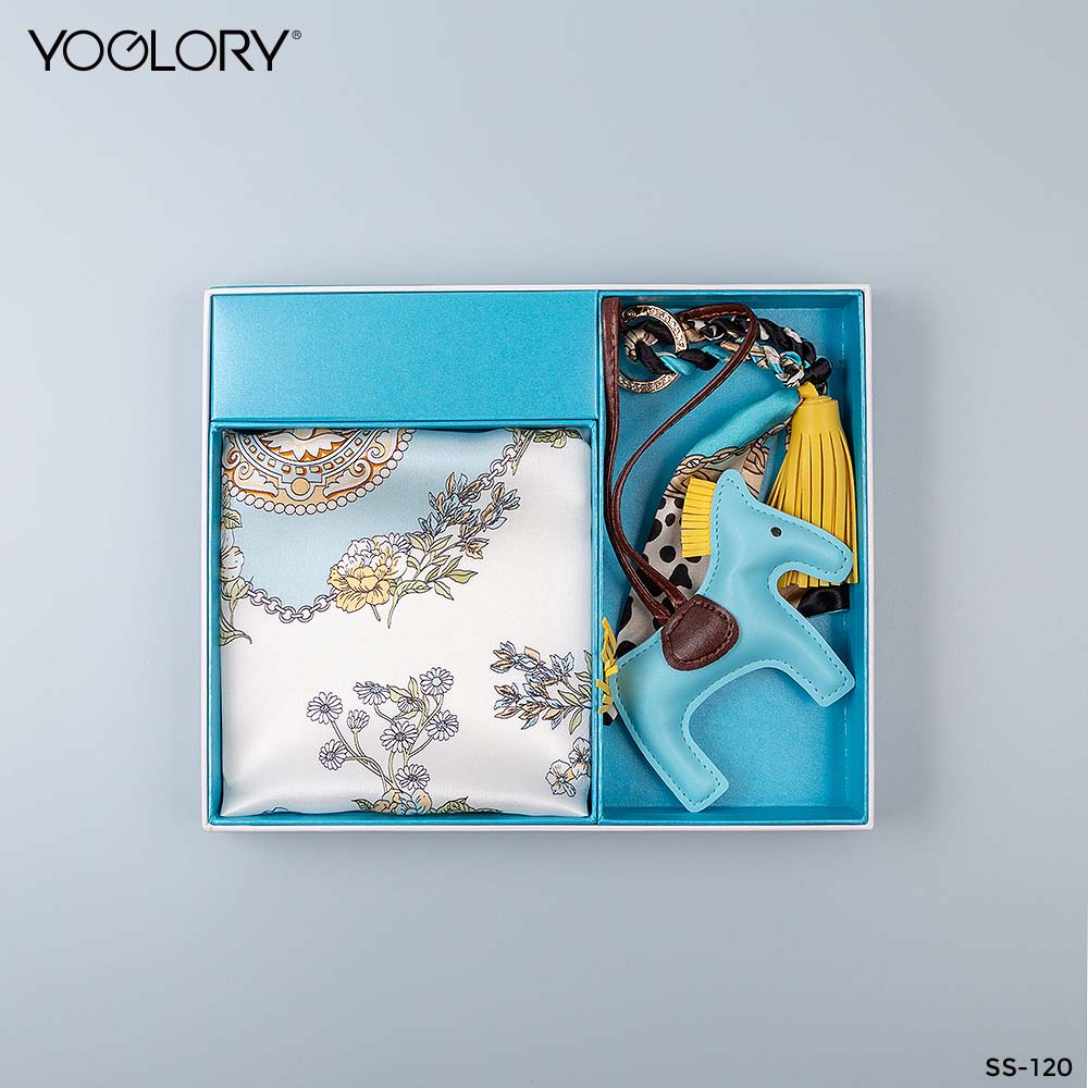 YOGLORY 100% Baby Blue Silk Scarf with Diamond PU Horse Bag Charm in Box with Customized logo Nice Gift for Lady SS120