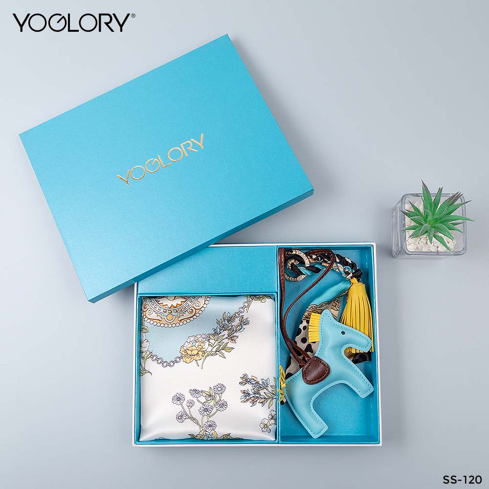 YOGLORY 100% Baby Blue Silk Scarf with Diamond PU Horse Bag Charm in Box with Customized logo Nice Gift for Lady SS120