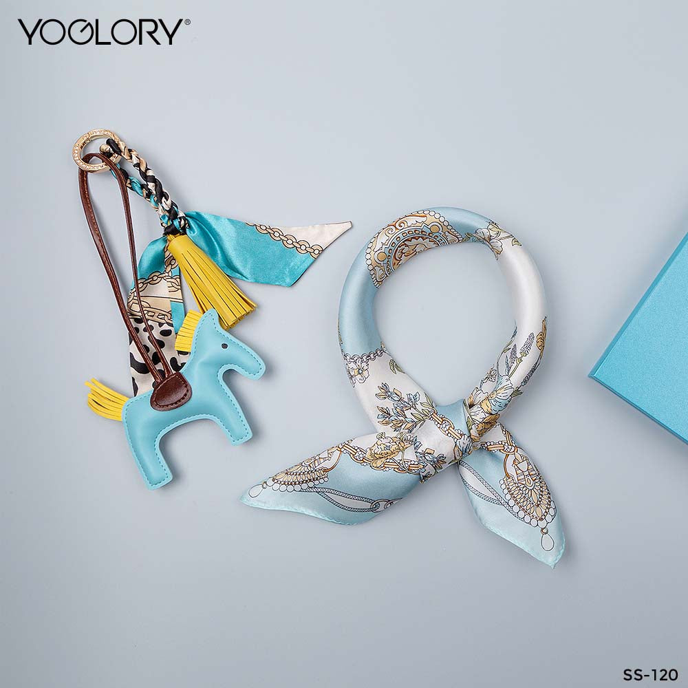 YOGLORY 100% Baby Blue Silk Scarf with Diamond PU Horse Bag Charm in Box with Customized logo Nice Gift for Lady SS120