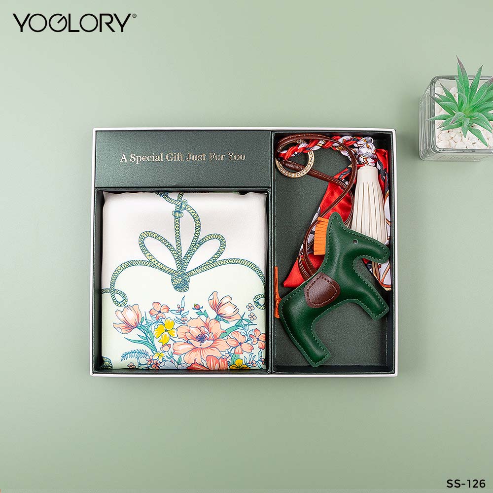 YOGLORY 100% Green Silk Scarf with Diamond PU Horse Bag Charm in Box with Customized logo Nice Gift for Lady SS126