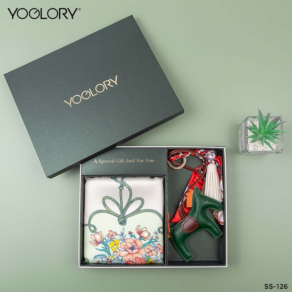 YOGLORY 100% Green Silk Scarf with Diamond PU Horse Bag Charm in Box with Customized logo Nice Gift for Lady SS126