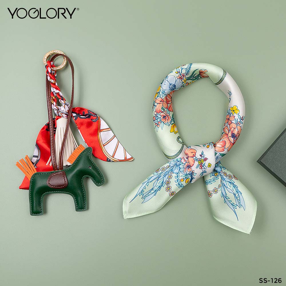 YOGLORY 100% Green Silk Scarf with Diamond PU Horse Bag Charm in Box with Customized logo Nice Gift for Lady SS126