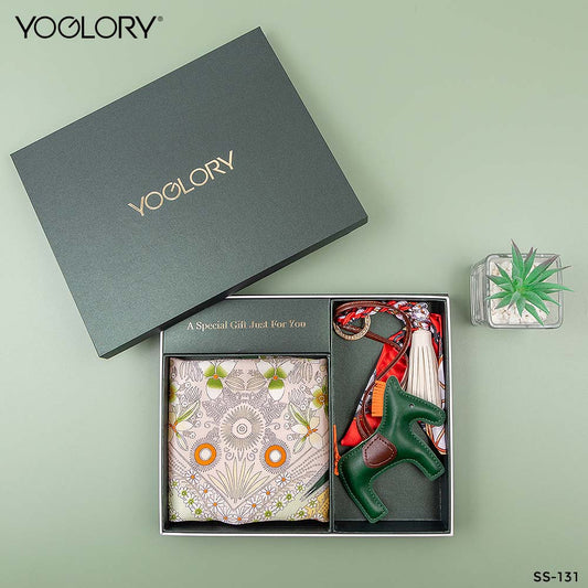 YOGLORY 100% Green Four Leaf Clover Silk Scarf with Diamond PU Horse Bag Charm in Box with Customized logo Nice Gift for Lady SS131