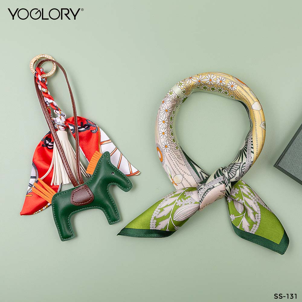 YOGLORY 100% Green Four Leaf Clover Silk Scarf with Diamond PU Horse Bag Charm in Box with Customized logo Nice Gift for Lady SS131