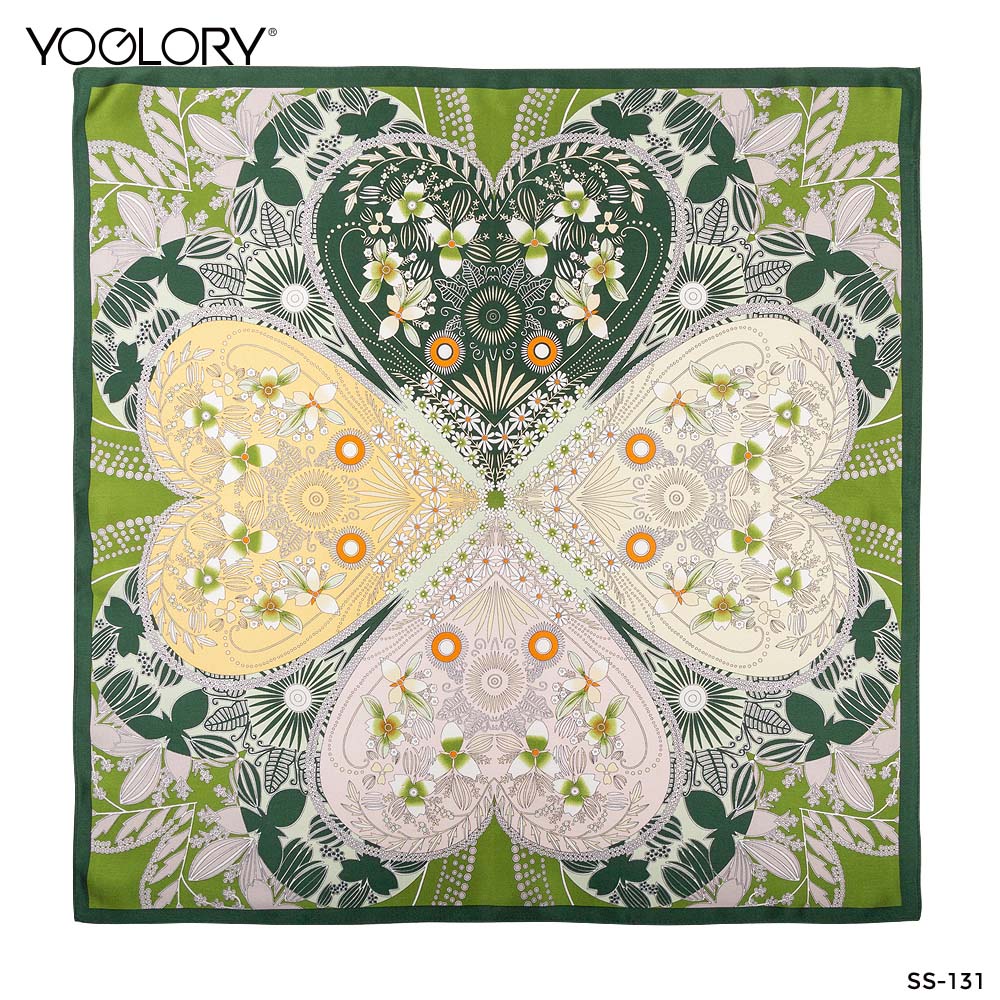 YOGLORY 100% Green Four Leaf Clover Silk Scarf with Diamond PU Horse Bag Charm in Box with Customized logo Nice Gift for Lady SS131