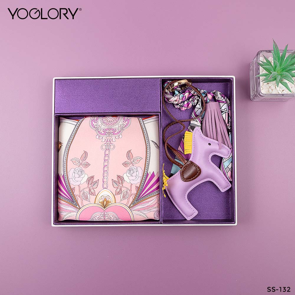 YOGLORY 100% Purple color Silk Scarf with Diamond PU Horse Bag Charm in Box with Customized logo Nice Gift for Lady SS132