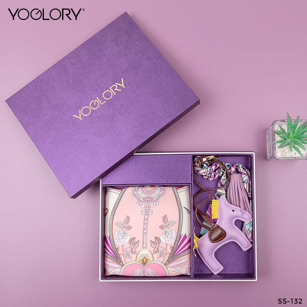 YOGLORY 100% Purple color Silk Scarf with Diamond PU Horse Bag Charm in Box with Customized logo Nice Gift for Lady SS132