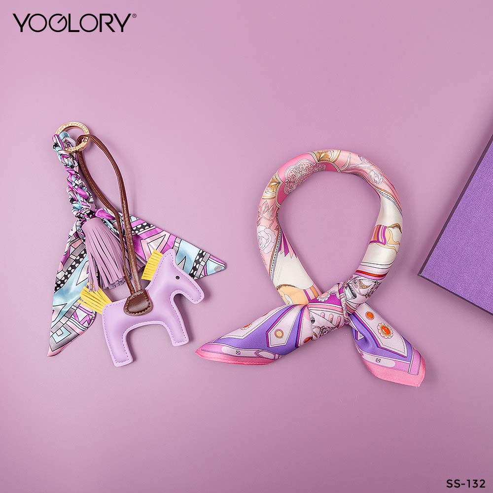 YOGLORY 100% Purple color Silk Scarf with Diamond PU Horse Bag Charm in Box with Customized logo Nice Gift for Lady SS132