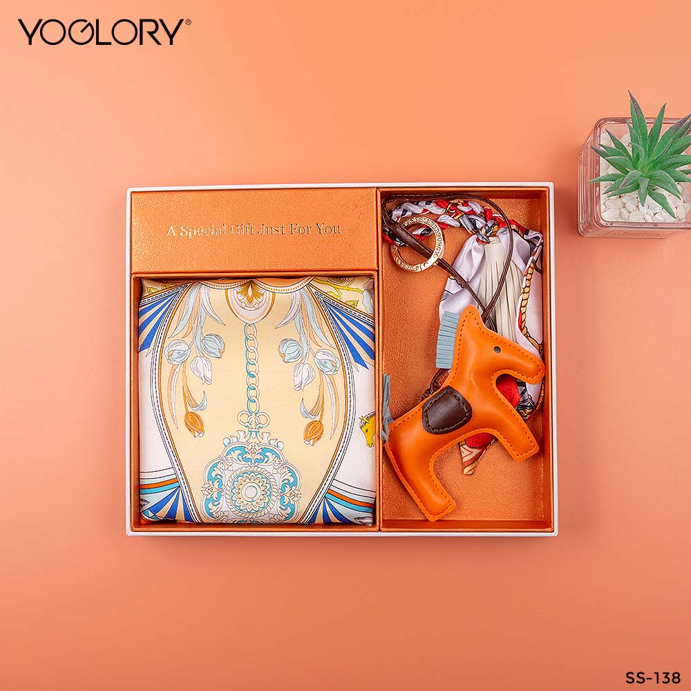 YOGLORY 100% Orange color Silk Scarf with Diamond PU Horse Bag Charm in Box with Customized logo Nice Gift for Lady SS138