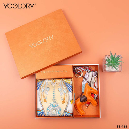 YOGLORY 100% Orange color Silk Scarf with Diamond PU Horse Bag Charm in Box with Customized logo Nice Gift for Lady SS138