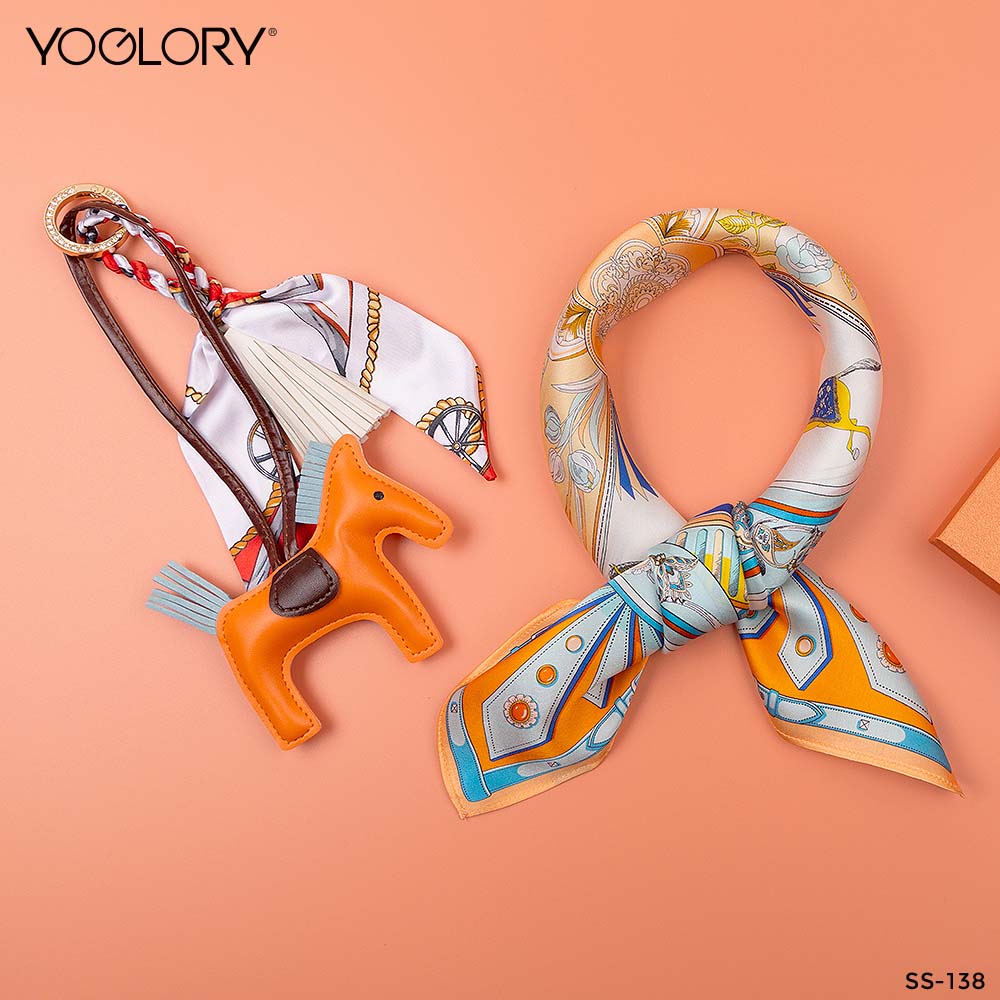 YOGLORY 100% Orange color Silk Scarf with Diamond PU Horse Bag Charm in Box with Customized logo Nice Gift for Lady SS138