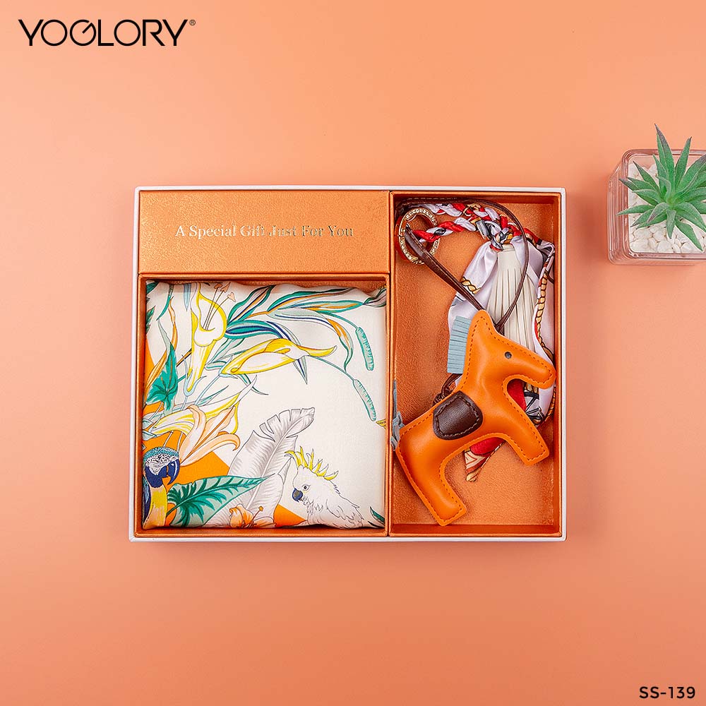 YOGLORY 100% Orange color Silk Scarf with Diamond PU Horse Bag Charm in Box with Customized logo Nice Gift for Lady SS139