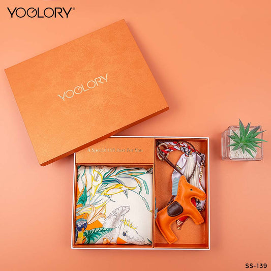 YOGLORY 100% Orange color Silk Scarf with Diamond PU Horse Bag Charm in Box with Customized logo Nice Gift for Lady SS139