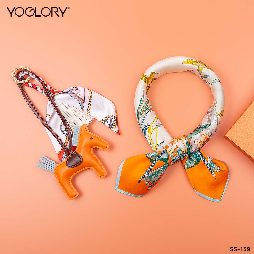 YOGLORY 100% Orange color Silk Scarf with Diamond PU Horse Bag Charm in Box with Customized logo Nice Gift for Lady SS139