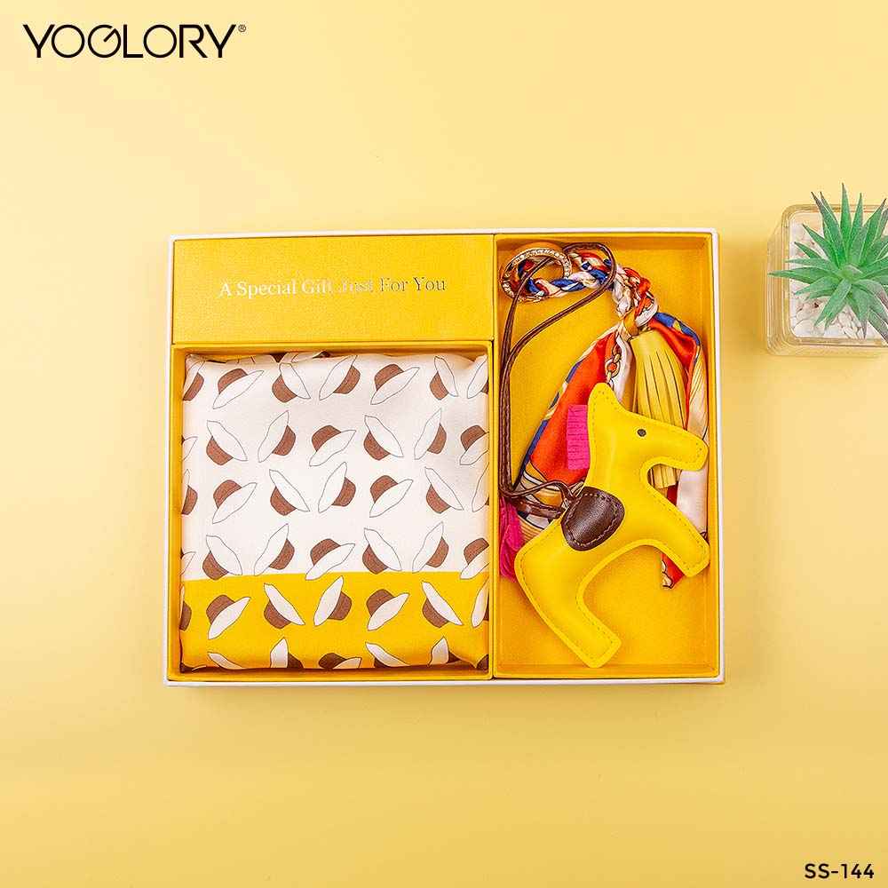 YOGLORY 100% Yellow color Silk Scarf with Diamond PU Horse Bag Charm in Box with Customized logo Nice Gift for Lady SS144