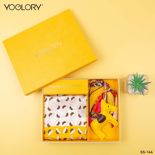 YOGLORY 100% Yellow color Silk Scarf with Diamond PU Horse Bag Charm in Box with Customized logo Nice Gift for Lady SS144