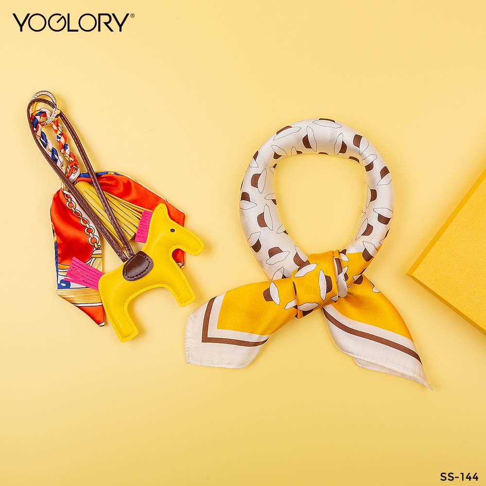 YOGLORY 100% Yellow color Silk Scarf with Diamond PU Horse Bag Charm in Box with Customized logo Nice Gift for Lady SS144