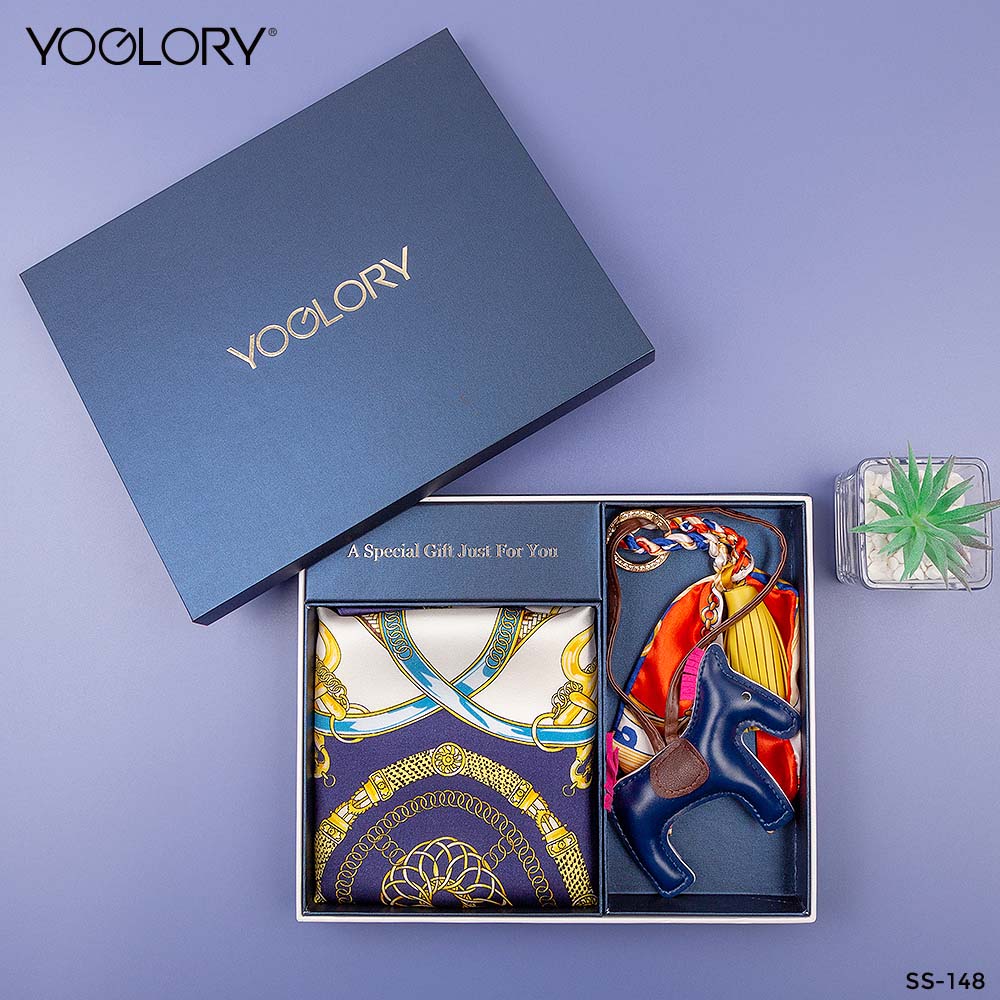 YOGLORY 100% Navy Blue color Silk Scarf with Diamond PU Horse Bag Charm in Box with Customized logo Nice Gift for Lady SS148