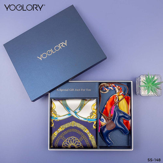 YOGLORY 100% Navy Blue color Silk Scarf with Diamond PU Horse Bag Charm in Box with Customized logo Nice Gift for Lady SS148