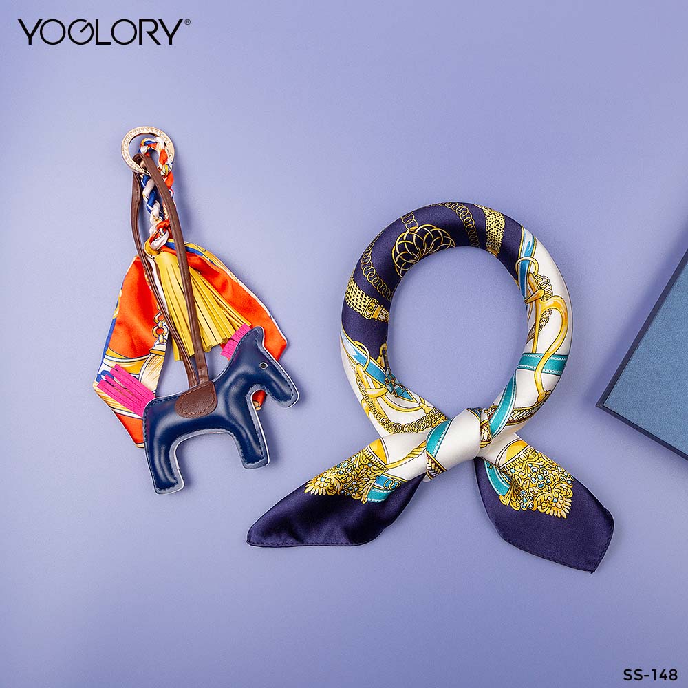 YOGLORY 100% Navy Blue color Silk Scarf with Diamond PU Horse Bag Charm in Box with Customized logo Nice Gift for Lady SS148