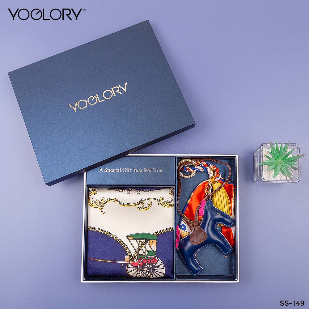 YOGLORY 100% Navy Blue color Silk Scarf with Diamond PU Horse Bag Charm in Box with Customized logo Nice Gift for Lady SS149