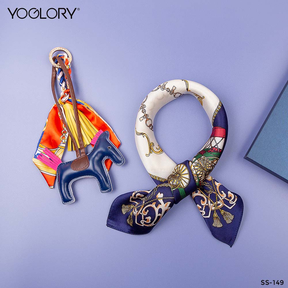 YOGLORY 100% Navy Blue color Silk Scarf with Diamond PU Horse Bag Charm in Box with Customized logo Nice Gift for Lady SS149