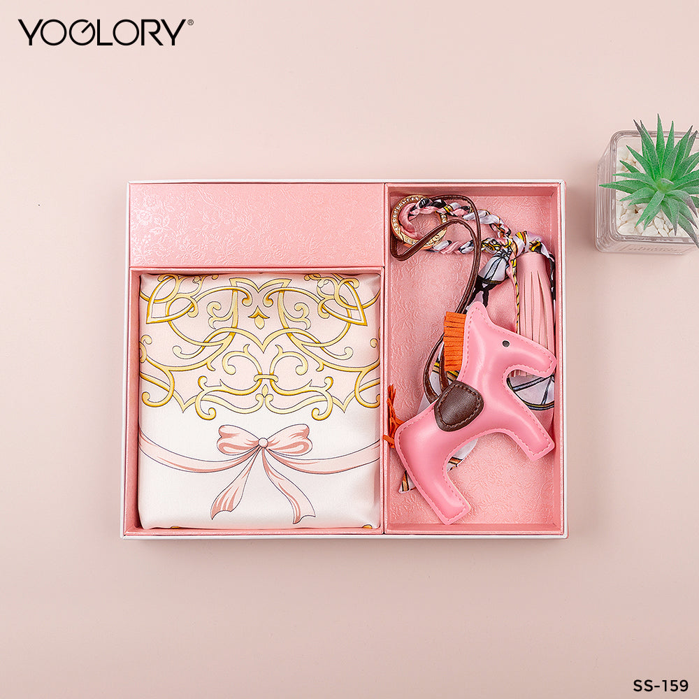 YOGLORY 100% Pink color Silk Scarf with Diamond PU Horse Bag Charm in Box with Customized logo Nice Gift for Lady SS159