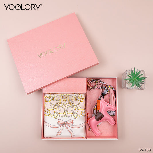 YOGLORY 100% Pink color Silk Scarf with Diamond PU Horse Bag Charm in Box with Customized logo Nice Gift for Lady SS159